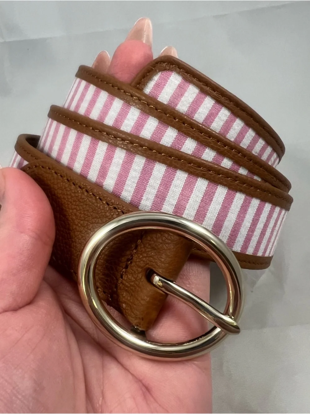 Talbots Women’s Pink & White Striped Brown Leather Trim Belt Size M